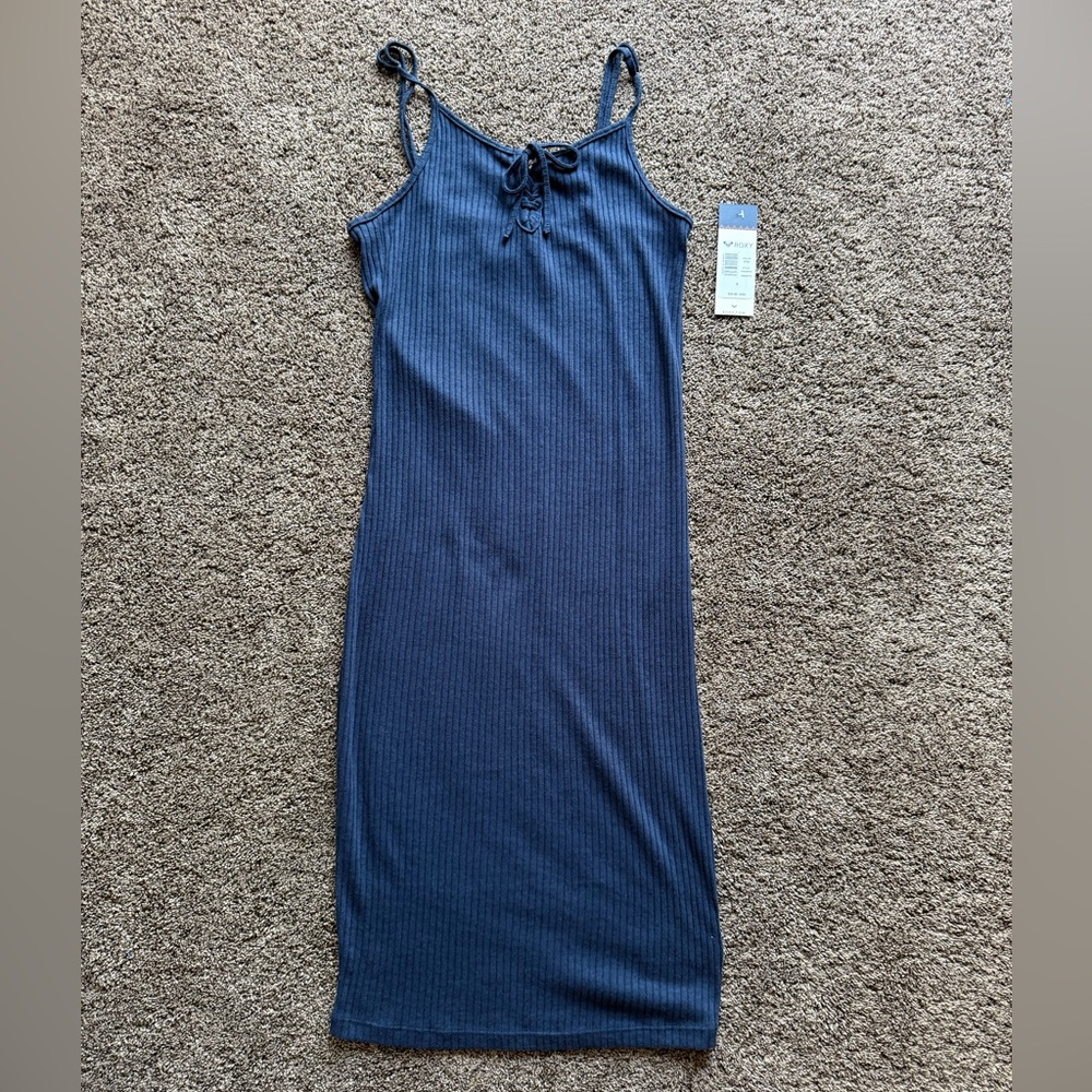 Roxy Blue Spaghetti Strap Happy New Way Ribbed Navy Midi Dress Small NWT